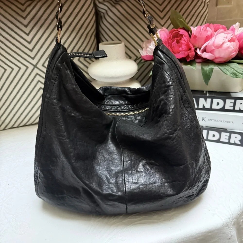 Tory Burch Black Leather Hobo with Gold Chain Detail